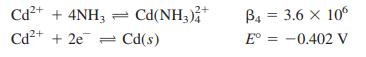 Cd2+ + 4NH3 Cd(NH,)* 2+ B4 = 3.6 x 10 Cd2+ + 2e = Cd(s) E° = -0.402 V