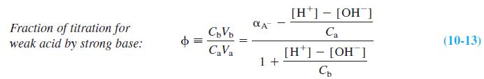 [H*]- [OH¯] Fraction of titration for weak acid by strong base: Ca (10-13) %3D CVa [H*] - [OH¯] 1 +