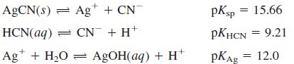 AGCN(s) = Ag+ + CN pKsp = 15.66 HCN(aq) = CN + H+ PKHCN = 9.21 Ag* + H2O = AGOH(aq) + H pKAg = 12.0