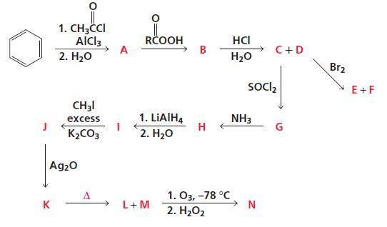 1. CH3CCI AlCl3 2. H20 RČOOH A HCI C+D H20 Br2 Soclz E+F CH3I 1. LIAIHĄ H 2. H20 excess NH3 G K2CO3 Ag20 1. Оз, -78°C K L+M 2. H202