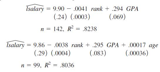 Isalary = 9.90 .0041 rank + .294 GPA (.24) (.0003) (.069) n = 142, R = .8238 Isalary 9.86 - .0038 rank + .295 GPA + .00017 age (.083) (.29) (.0004) (.00036) n = 99, R = .8036