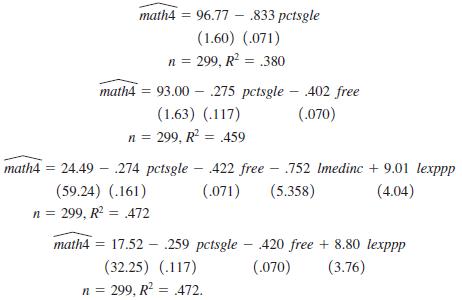 math4 = 96.77 - 833 pctsgle (1.60) (.071) n = 299, R? = .380 math4 = 93.00 - .275 pctsgle – 402 free (1.63) (.117) (.070) n = 299, R = 459 math4 = 24.49 – .274 pctsgle – 422 free - .752 Imedinc + 9.01 lexppp (59.24) (.161) (.071)