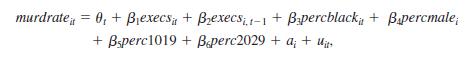 murdrate, = 0, + Biexecs, + Bzexecs, 1-1 + Bapercblack + Bapercmale; + Bsperc1019 + Beperc2029 + a; + U. %3D
