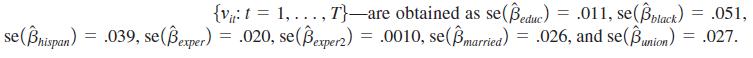 {V4: t = 1, ..., T}-are obtained as se(Beduc) = .011, se(Bolack) .0010, se(Bmarriea) se(Bnispan) = .039, se(Berper) = .020, se(Beper2) = .026, and se(Bunion) = .027.