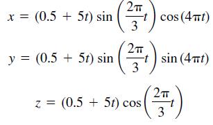 x = (0.5 + 5t) sin (t) cos (4mt) %3D y = (0.5 + 5t) sin sin (4mt) 3 z = (0.5 + 5t) cos 3