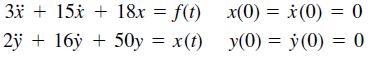 3* + 15x + 18x = f(t) x(0) = i(0) = 0 2ÿ + 16y + 50y = x(t) y(0) = ý (0) = 0
