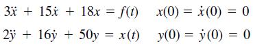 3x + 15x + 18x = f(t) x(0) = ¿(0) = 0 2j + 16y + 50y = x(t) y(0) = y(0) = 0