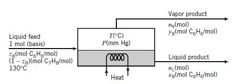 Vapor product ny(mol) ya(mol CH/mol) Liquid feed 1 mol (basis) T(°C) P(mm Hg) Zg(mol C,H/mol) (i - zg(mol C,Hg/mol) 130°C Liquid product n(mol) xg(mol CgHe/mol) Heat
