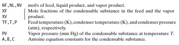 NF, NL, NV mol/s of feed, liquid product, and vapor product. XF Mole fractions of the condensable substance in the feed and the vapor product. Feed temperature (K), condenser temperature (K), and condenser pressure (atm), respectively. Vapor pressure (mm Hg) of the condensable substance at temperature T. Antoine equation constants