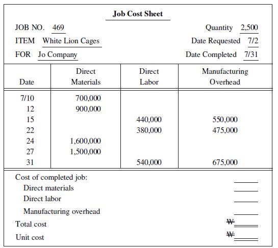 Job Cost Sheet JOB NO. 469 Quantity 2,500 ITEM White Lion Cages Date Requested 7/2 FOR Jo Company Date Completed 7/31 Direct Direct Manufacturing Date Materials Labor Overhead 7/10 700,000 12 900,000 15 440,000 550,000 22 380,000 475,000 24 1,600,000 27 1,500,000 31 540,000 675,000 Cost of completed job: Direct