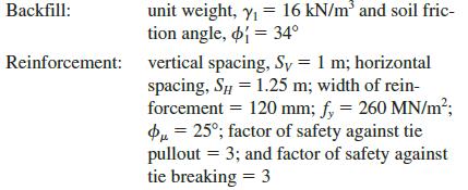 unit weight, y, = 16 kN/m³ and soil fric- tion angle, = 34° Backfill: Reinforcement: vertical spacing, Sy = 1 m; horizontal spacing, Sy = 1.25 m; width of rein- forcement = 120 mm; f, = 260 MN/m²; = 25°; factor of safety against tie pullout = 3; and factor