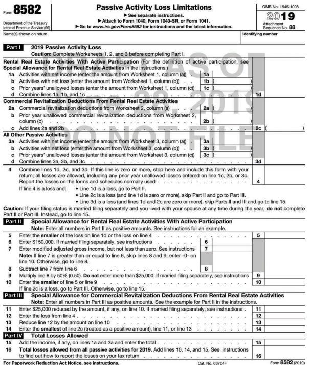 Passive Activity Loss Limitations OMB No. 1545-1008 Fom 8582 2019 Department of the Treasury Internal Revenue Service (99 See separate instructions. Attach to Form 1040, Form 1040-SR, or Form 1041. Go to www.irs.gov/Form8582 for instructions and the latest information. Attachment Sequence No. 88 Name(s) shown on retum Identifying number 2019