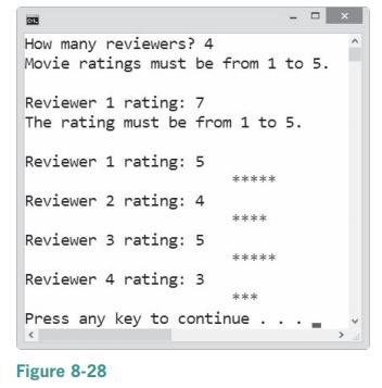 How many reviewers? 4 Movie ratings must be from 1 to 5. Reviewer 1 rating: 7 The rating must be from 1 to 5. Reviewer 1 rating: 5 ***** Reviewer 2 rating: 4 **** Reviewer 3 rating: 5 ** ** Reviewer 4 rating: 3 *** Press any key to continue
