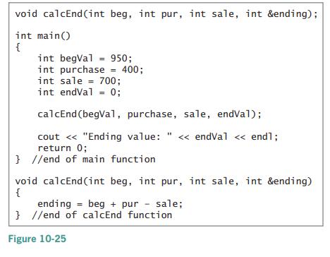 void calcEnd(int beg, int pur, int sale, int &ending); int main() { int begVal = 950; int purchase = 400; int sale = 700; int endVal = 0; %3D calcEnd (begVal, purchase, sale, endVal); « endVal