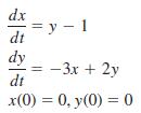 dx = y - 1 dt dy —Зх + 2у dt x(0) = 0, y(0) = 0