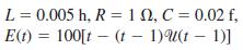L = 0.005 h, R =10, C = 0.02 f, E(t) = 100[t – (t – 1)U(t – 1)]