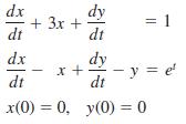 dx + 3x + dt dy = 1 dt dx dy x + -y = e' dt dt x(0) = 0, y(0) = 0