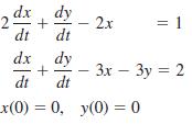 dy - 2x dt %3D dt dx dy 3x – 3y = 2 dt dt x(0) %3D0, у(0) % 0 +
