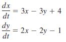 dx = 3x – 3y + 4 dt dy = 2x – 2y - 1 dt