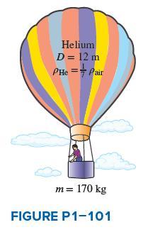 Helium D = 12 m PHe =7 Pair %3D m= 170 kg FIGURE P1-101
