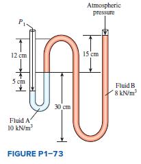 Atmospheric pressure 12 cm 15 cm 5 cm Fluid B 8 kN/m 30 cm Fluid A 10 kN/m FIGURE P1-73