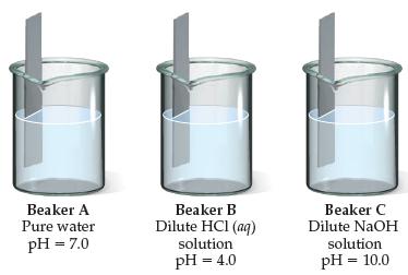 Beaker A Pure water Beaker B Dilute HCI (aq) solution Beaker C Dilute NaOH pH = 7.0 solution pH = 4.0 pH = 10.0