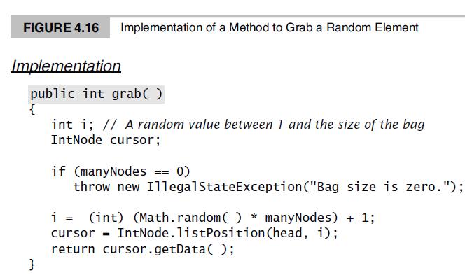 FIGURE 4.16 Implementation of a Method to Grab a Random Element Implementation public int grab( ) int i; // A random value between 1 and the size of the bag IntNode cursor; if (manyNodes =- 0) throw new IllegalStateException(