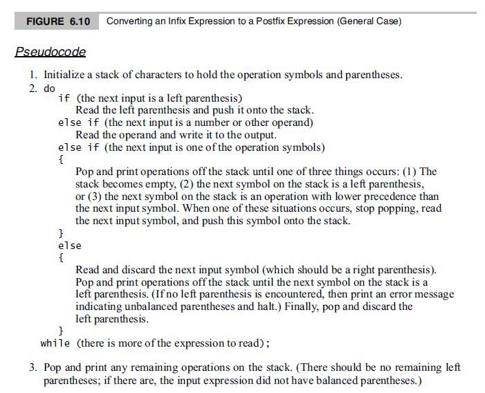 FIGURE 6.10 Converting an Infix Expression to a Postfix Expression (General Case) Pseudocode 1. Initialize a stack of characters to hold the operation symbols and parentheses. 2. do if (the next input is a left parenthesis) Read the left parenthesis and push it onto the stack. else if (the next