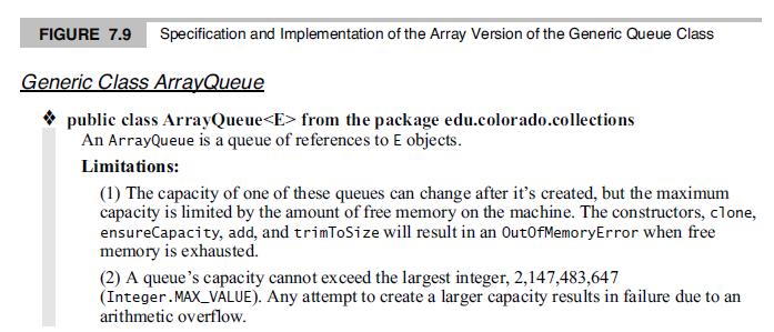 FIGURE 7.9 Specification and Implementation of the Array Version of the Generic Queue Class Generic Class ArrayQueue * public class ArrayQueue from the package edu.colorado.collections An ArrayQueue is a queue of references to E objects. Limitations: (1) The capacity of one of these queues can change after it's created, but