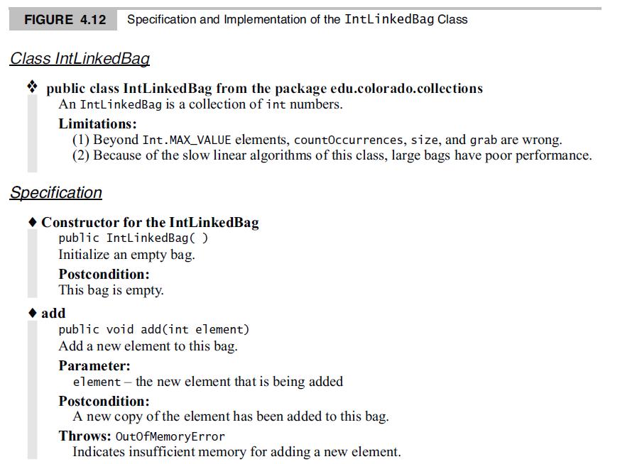 FIGURE 4.12 Specification and Implementation of the IntLinkedBag Class Class IntLinkedBag * public class IntLinked Bag from the package edu.colorado.collections An IntLinkedBag is a collection of int numbers. Limitations: (1) Beyond Int. MAX_VALUE elements, countOccurrences, size, and grab are wrong. (2) Because of the slow linear algorithms of this class,