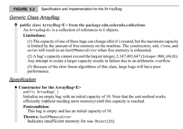 FIGURE 5.2 Specification and Implementation for the ArrayBag Generic Class ArrayBag * public class ArrayBag from the package edu.colorado.collections An ArrayBag is a collection of references to E objects. Limitations: (1) The capacity ofone of these bags can change after it's created, but the maximum capacity is limited by the