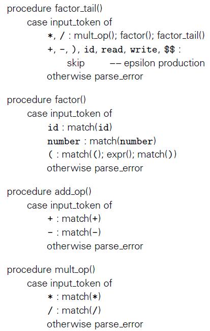 procedure factor.tail() case input_token of *, / : mult op(); factor(); factor_tail() +, -, ), id, read, write, $$ : skip otherwise parse_error -- epsilon production procedure factor() case input_token of id : match(id) number : match(number) (: match( (); expr(); match()) otherwise parse_error procedure add_op() case input_token of +