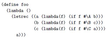 (define foo (lambda () (letrec ((a (lambda (f) (if f #\A b))) (b (lambda (f) (if f #\B c))) (c (lambda (f) (if f #\C a)))) a)))
