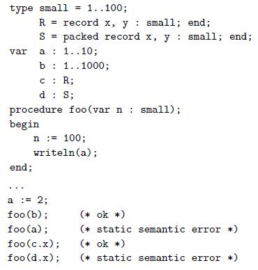 type small = 1..100; R = record x, y : small; end; packed record x, y : small; end; S = var a : 1..10; b: 1..1000; C : R; d: S; procedure foo (var n : small); begin n := 100; writeln(a); end; a := 2; foo (b); foo