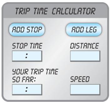 TRIP TIME CALCULATOR ADO STOP ADD LEG STOP TIME DISTANCE YOUR TRIP TIME SO FAR: SPEED