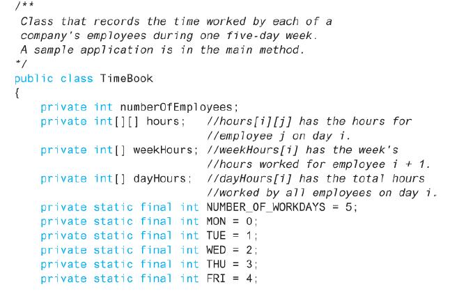 Class that records the t ime worked by each of a company's employees during one five-day week. A sample application is in the main method. */ public class TimeBook { private int number0fEmployees; //hours[i][j] has the hours for //employee j on day i. private int[U] hours; private int[] weekHours; //weekHours