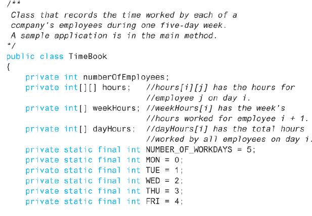 Class that records the t ime worked by each of a company's employees during one five-day week. A sample application is in the main method. */ public class TimeBook { private int numberofEmployees; //hours[i][j] has the hours for //employee j on day i. private int[]) hours; private int[0 weekHours; //weekHours[i]