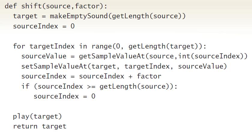 def shift(source, factor): target = makeEmptySound (getLength(source)) sourceIndex = 0 for targetIndex in range (0, getLength(target)): sourceValue = getSampleValueAt(source, int(sourceIndex)) setSampleValueAt (target, targetIndex, sourceValue) sourceIndex = sourceIndex + factor if (sourceIndex >= getLength(source)): sourceIndex = 0 play(target) return target