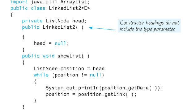 1mport java.util.ArrayList; public class LinkedList2 { private List Node head; public LinkedList2( ) Constructor headings do not include the type parameter. { head = null; public void showList ( ) { ListNode position = head; while (position != null) { System.out.println(position.getData( )); position = position.getLink (); }