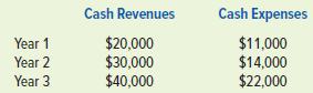 Cash Revenues Cash Expenses $20,000 $30,000 $40,000 $11,000 $14,000 $22,000 Year 1 Year 2 Year 3