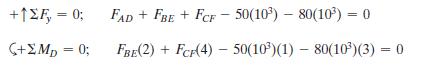 +12F, = 0; FAD + FBE + FCF - 50(10) – 80(10) = 0 %3D (+YMp = 0; Fge(2) + FCr(4) – 50(10)(1) – 80(10)(3) = 0