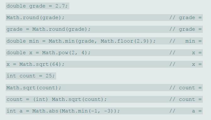 double grade = 2.7; Math.round (grade); // grade grade = Math.round (grade); // grade double min Math.min (grade, Math.floor (2.9)); // min = double x = Math.pow (2, 4); // x = Math.sqrt (64); // int count = 25; Math.sqrt (count); // count = count = (int) Math.sqrt (count); //