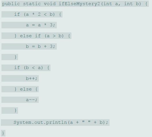 public static void ifElseMystery2 (int a, int b) { if (a * 2 < b) { a = a * 3; ) else if (a > b) { b = b + 3; if (b < a) { b++; } else { a--; System.out.println (a + 