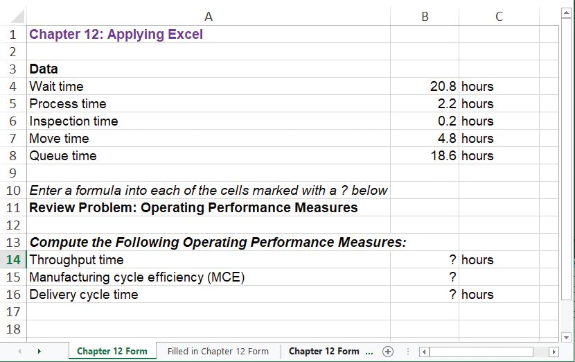 A B C 1 Chapter 12: Applying Excel 2 3 Data 4 Wait time 5 Process time 6 Inspection time 7 Move time 20.8 hours 2.2 hours 0.2 hours 4.8 hours 8 Queue time 18.6 hours 9. 10 Enter a formula into each of the cells marked with a ?