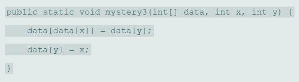 public static void mystery3 (int [] data, int x, int y) { data[data[x]] = data[y]; data[y] X; }