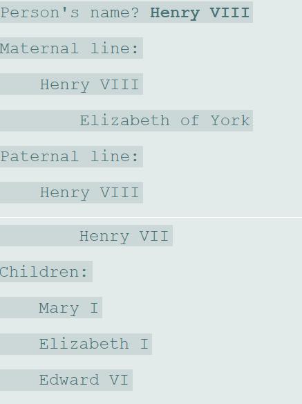 Person's name? Henry VIII Maternal line: Henry VIII Elizabeth of York Paternal line: Henry VIII Henry VII Children: Mary I Elizabeth I Edward VI