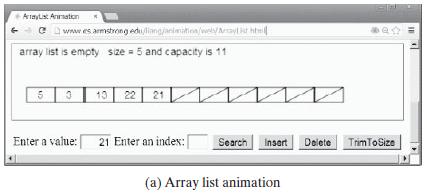 Aiaylist Anrnaton e ww es armstrong eduliangjanimition welAaylt hte 164 array list is empty size = 5 and capacity is 11 10 22 21 Enter a value: 21 Enter an index: Search Insert Delete TrimToSize (a) Array list animation