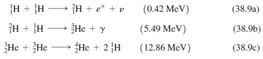 |H + {H H + et + v (0.42 MeV) (38.9a) {H + H He + y (5.49 MeV) (38.9b) He + He He + 2 H (12.86 MeV) (38.9c)
