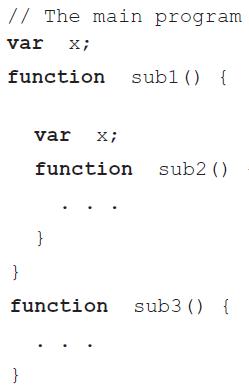 // The main program var x; function subl () { var x; function sub2 () } } function sub3 () {