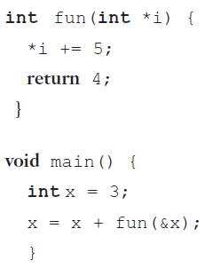 int fun (int *i) { *i += 5; return 4; } void main () { int x 3; x = x + fun (&x); }